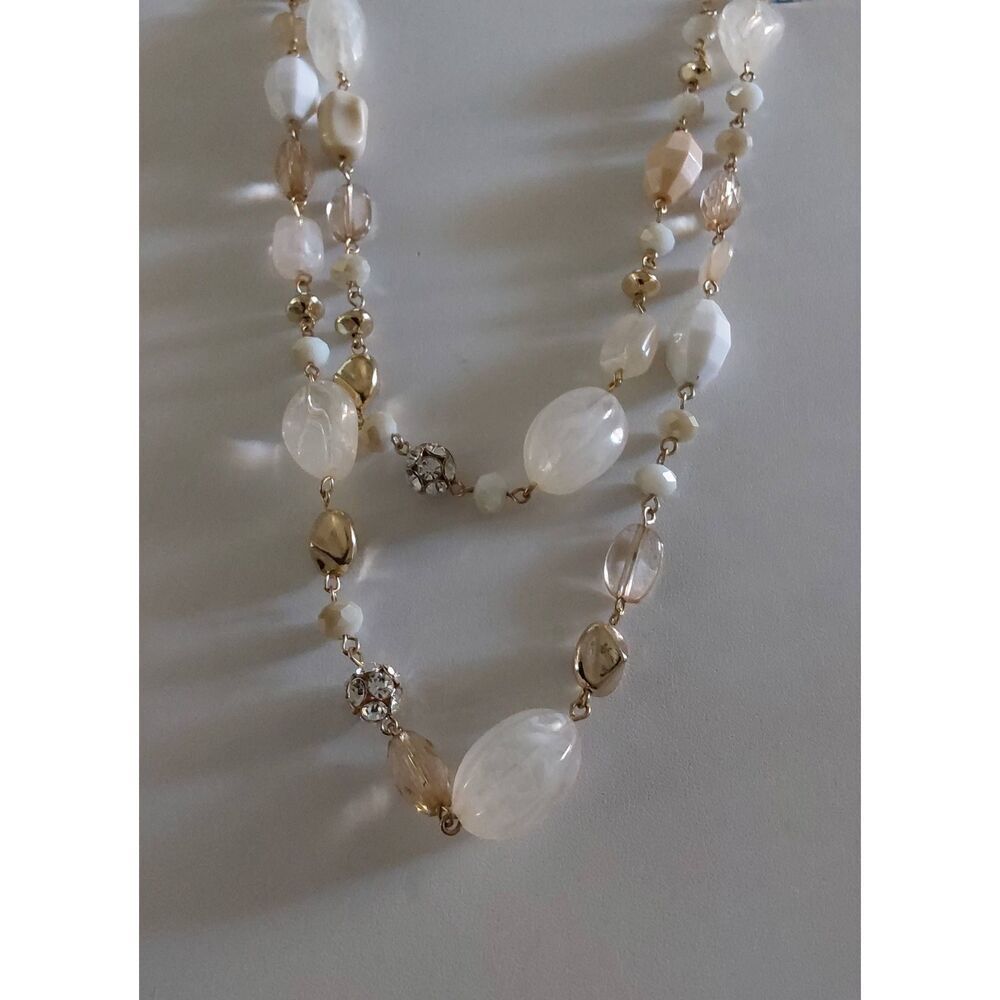 Gold Plate Vanilla & Taupe Long Bead Necklace with Pave Rhinestone Ball Beads